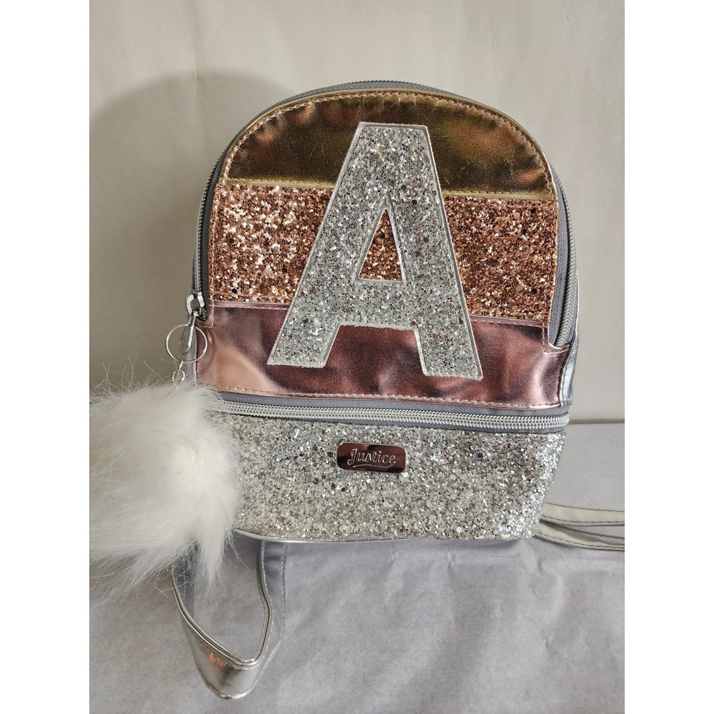 Justice Girls Mini Backpack Initial A Silver Metallic Glitter Pom Pom Charm